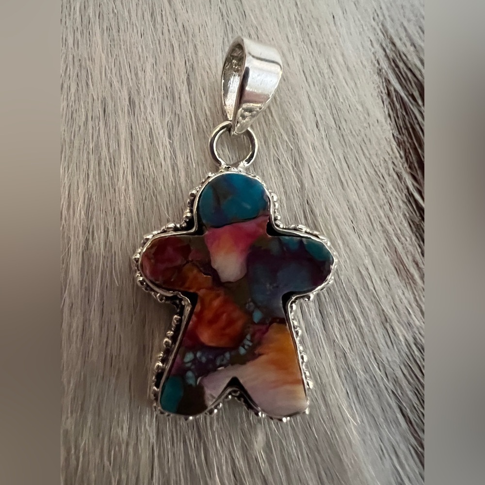 ❤️ Gingerbread Man Pink Dahlia Kingman Turquoise 925 Navajo Pendant 1.26”L - Picture 7 of 12